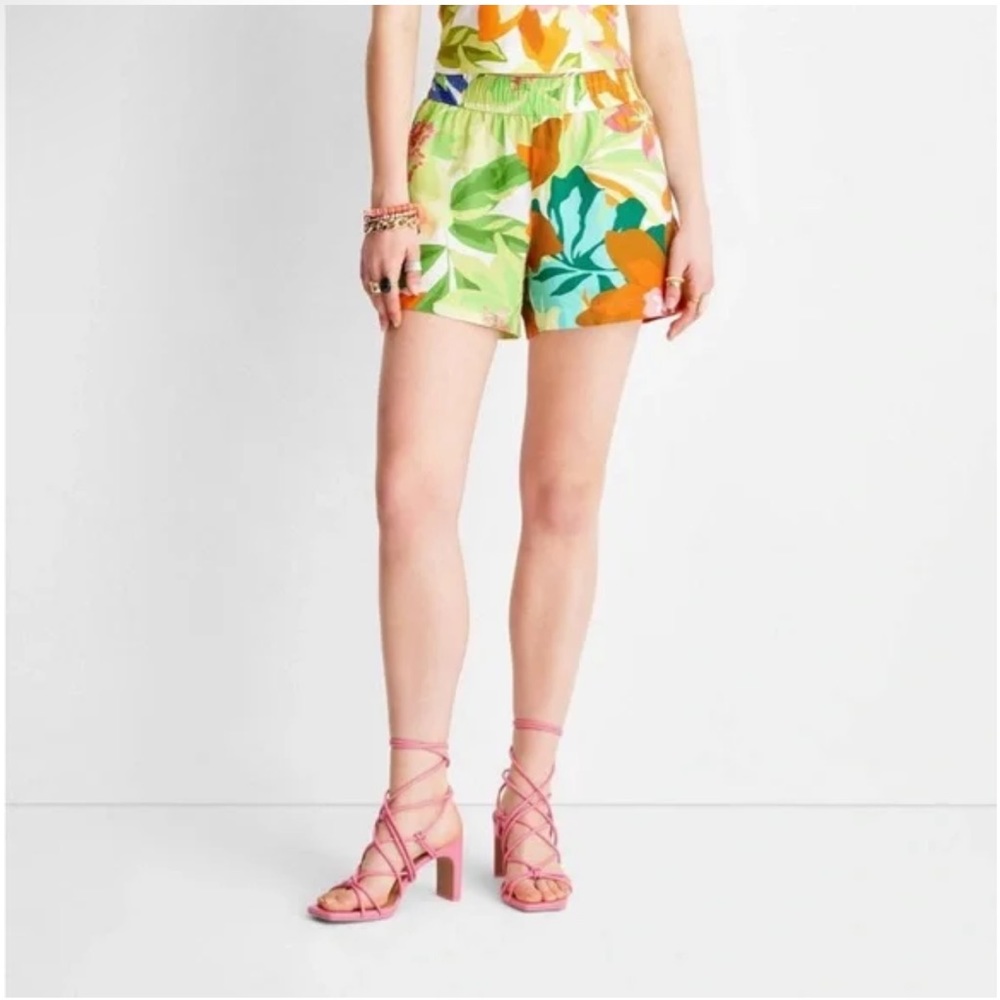 Future Collective with Alani Noelle Bright Floral Print Linen Shorts Size XXS